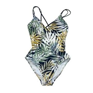 Hurley Crisscross Back One Piece Swimsuit Women's S‎ Navy Green Palm Print